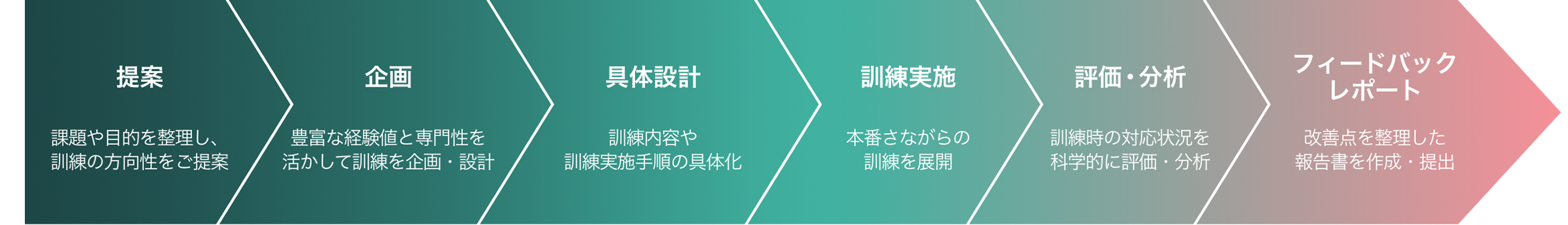 提案、企画、具体設計、訓練実施、評価・分析、フィードバックレポートまでの支援工程